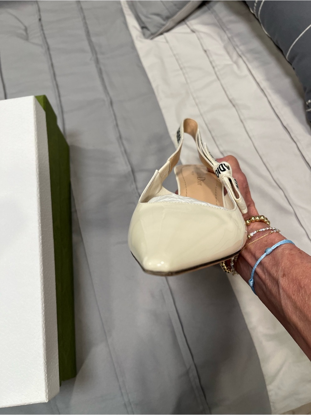 Dior Cream Patent Pointed Slingback Heels with J'Adior Ribbon - Picture 7 of 15